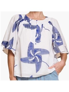 Ciebon Alexia Blue White Embroidered Cotton Blouse Top size small
